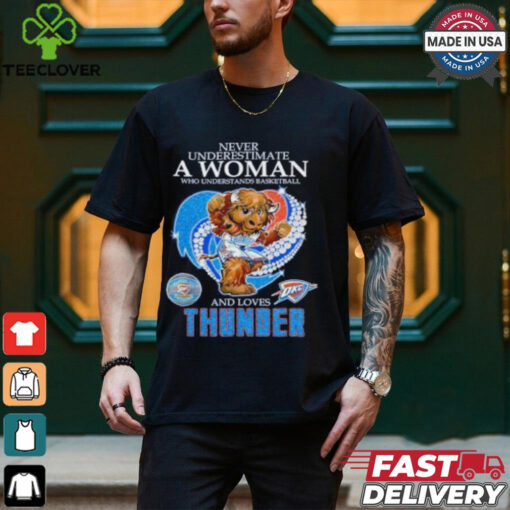 Official Never underestimate a woman who understands basketball and love Oklahoma City Thunder diamond heart mascot 2025 T shirt