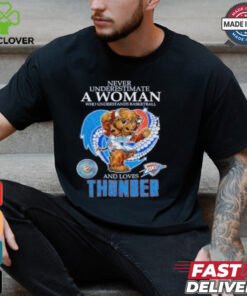 Official Never underestimate a woman who understands basketball and love Oklahoma City Thunder diamond heart mascot 2025 T shirt