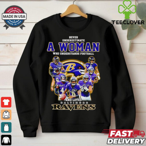 Official Never underestimate a woman who understands football and loves Baltimore Ravens player signatures shirt