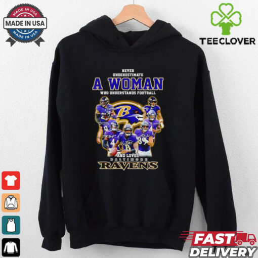 Official Never underestimate a woman who understands football and loves Baltimore Ravens player signatures shirt