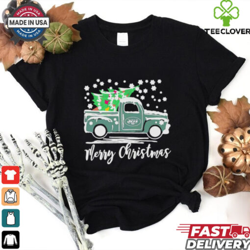 Official New York Jets Logo Truck and Tree Merry Christmas Shirt