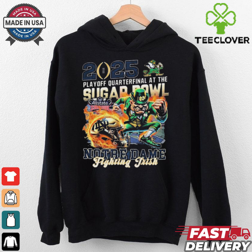 Official Notre Dame Fighting Irish 2025 Playoff Quarterfinal At The Sugar Bowl Allstate Mascot t shirt Official Notre Dame Fighting Irish 2025 Playoff Quarterfinal At The Sugar Bowl Allstate Mascot t shirt