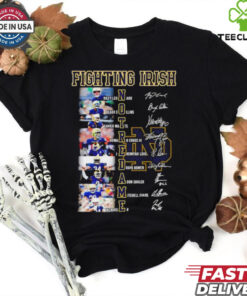 The **Official Notre Dame Fighting Irish Signatures Shirt** features the names and signatures of standout players Leonard Collins, Watts Howard Cross III, Jeremiyah Love, Drayk Bowen, Adon Shuler, Mitchell Evans, and Kiser. A perfect way for fans to celebrate these key athletes and show their Notre Dame pride!