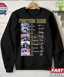 The **Official Notre Dame Fighting Irish Signatures Shirt** features the names and signatures of standout players Leonard Collins, Watts Howard Cross III, Jeremiyah Love, Drayk Bowen, Adon Shuler, Mitchell Evans, and Kiser. A perfect way for fans to celebrate these key athletes and show their Notre Dame pride!