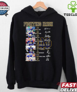The **Official Notre Dame Fighting Irish Signatures Shirt** features the names and signatures of standout players Leonard Collins, Watts Howard Cross III, Jeremiyah Love, Drayk Bowen, Adon Shuler, Mitchell Evans, and Kiser. A perfect way for fans to celebrate these key athletes and show their Notre Dame pride!