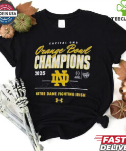 Official Notre Dame Fighting Irish Under Armour College Football Playoff 2025 Capital One Orange Bowl Champions T Shirts