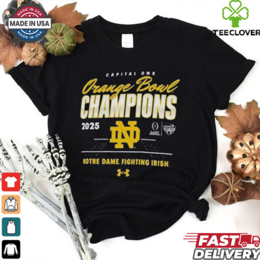 Official Notre Dame Fighting Irish Under Armour College Football Playoff 2025 Capital One Orange Bowl Champions T Shirts