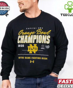 Official Notre Dame Fighting Irish Under Armour College Football Playoff 2025 Capital One Orange Bowl Champions T Shirts
