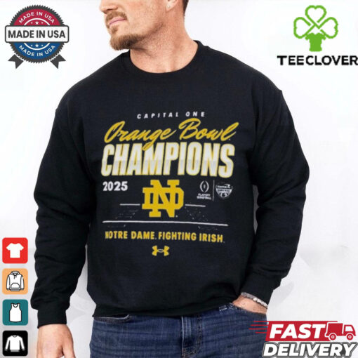 Official Notre Dame Fighting Irish Under Armour College Football Playoff 2025 Capital One Orange Bowl Champions T Shirts