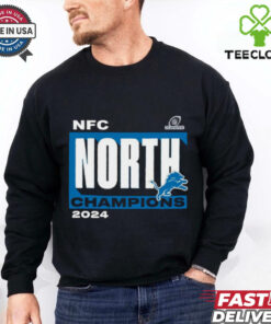 Official Detroit Lions 2024 NFC North Division Champions T-Shirt with a celebratory design commemorating the Lions' division title, perfect for fans showing pride in their team’s achievement.