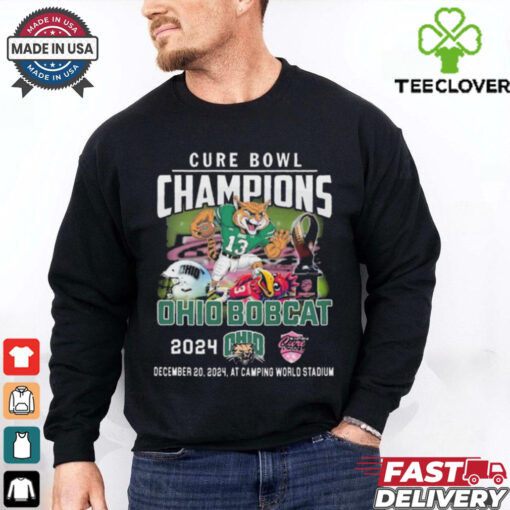 Official Ohio Bobcats Celebrating The Champions Of Cure Bowl 2024 Dec 20 2024 At Camping World Stadium Mascot t shirt