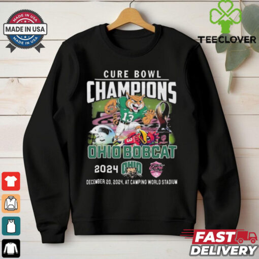 Official Ohio Bobcats Celebrating The Champions Of Cure Bowl 2024 Dec 20 2024 At Camping World Stadium Mascot t shirt
