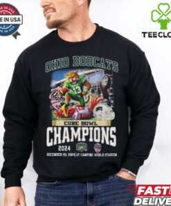 Official Ohio Bobcats Cure Bowl Champions 2024 Mascot T-shirt featuring the team mascot and championship graphics.