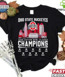 The **Official Ohio State Buckeyes 2025 Cotton Bowl Classic Champions 9-Time Skyline Shirt** celebrates Ohio State's victory in the 2025 Cotton Bowl Classic. Featuring the team’s achievement as 9-time champions and a striking skyline design, this shirt is perfect for Buckeyes fans looking to commemorate their team’s success in the iconic bowl game!