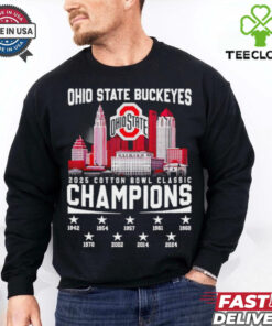 The **Official Ohio State Buckeyes 2025 Cotton Bowl Classic Champions 9-Time Skyline Shirt** celebrates Ohio State's victory in the 2025 Cotton Bowl Classic. Featuring the team’s achievement as 9-time champions and a striking skyline design, this shirt is perfect for Buckeyes fans looking to commemorate their team’s success in the iconic bowl game!