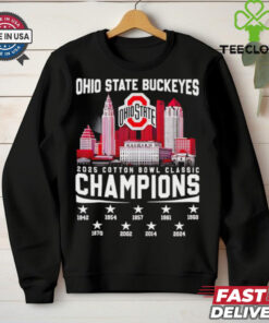 The **Official Ohio State Buckeyes 2025 Cotton Bowl Classic Champions 9-Time Skyline Shirt** celebrates Ohio State's victory in the 2025 Cotton Bowl Classic. Featuring the team’s achievement as 9-time champions and a striking skyline design, this shirt is perfect for Buckeyes fans looking to commemorate their team’s success in the iconic bowl game!