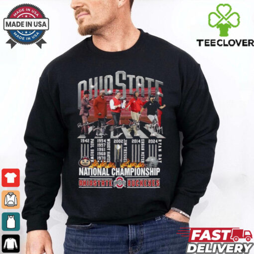 Official Ohio State Buckeyes Paul Brown Woody Hayes Jim Tressel Urban Meyer And Ryan Day National Championship Signatures Coach T shirts