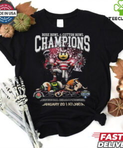 Official Ohio State Buckeyes Rose Bowl and Cotton Bowl Champions 2025 T-shirt featuring a celebratory design that honors the Buckeyes' victories in both the Rose Bowl and Cotton Bowl. Show your pride for this historic achievement with this stylish, championship apparel.