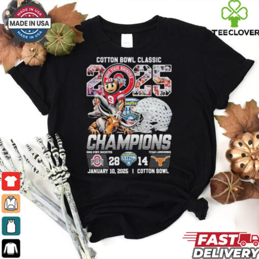 Official Ohio State Buckeyes Stomp Texas Longhorns Cotton Bowl Champions 2025 Mascot Helmet T shirts