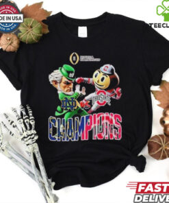The **Official Ohio State Buckeyes vs. Notre Dame Fighting Irish Mascot Fight Shirt** commemorates the epic matchup between the two teams in the 2024-2025 College Football Playoff National Championship. Featuring bold graphics of the mascots and team pride, this shirt is perfect for fans celebrating this iconic clash on the national stage!