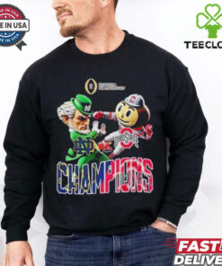 The **Official Ohio State Buckeyes vs. Notre Dame Fighting Irish Mascot Fight Shirt** commemorates the epic matchup between the two teams in the 2024-2025 College Football Playoff National Championship. Featuring bold graphics of the mascots and team pride, this shirt is perfect for fans celebrating this iconic clash on the national stage!