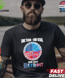 Official One team one goal one city Detroit sports Detroit Lions, Pistons, Red Wings and Tigers logo t shirt