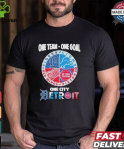 Official One team one goal one city Detroit sports Detroit Lions, Pistons, Red Wings and Tigers logo t shirt