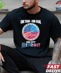 Official One team one goal one city Detroit sports Detroit Lions, Pistons, Red Wings and Tigers logo t shirt
