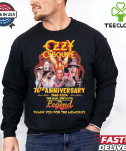 Official Ozzy Osbourne 76th Anniversary 1948-2024 The Man The Myth The Legend Thank You For The Memories Signature Shirt tribute design celebrating Ozzy Osbourne's 76th anniversary with a signature and iconic message.