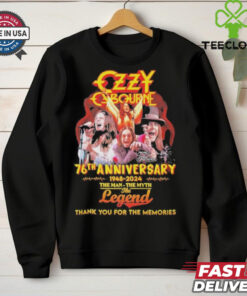 Official Ozzy Osbourne 76th Anniversary 1948-2024 The Man The Myth The Legend Thank You For The Memories Signature Shirt tribute design celebrating Ozzy Osbourne's 76th anniversary with a signature and iconic message.