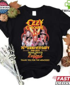 Official Ozzy Osbourne 76th Anniversary 1948-2024 The Man The Myth The Legend Thank You For The Memories Signature Shirt tribute design celebrating Ozzy Osbourne's 76th anniversary with a signature and iconic message.