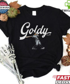 Official Paul Goldschmidt New York Yankees Slugger Swing Goldy MLB 2025 T-shirt featuring a dynamic design that highlights Goldschmidt’s powerful swing and his impact on the Yankees. Show your support for this elite slugger and the New York Yankees with this stylish, must-have baseball apparel.