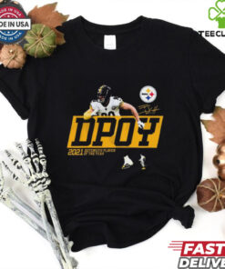 Official Pittsburgh Steelers NFL #90 T.J. Watt 2021 Defensive Player of the Year Signature T-shirt featuring a commemorative design celebrating T.J. Watt's award-winning season with his signature.