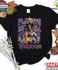 Official Playoffs 2024 Vikings Mascot T-shirt, featuring mascot design, unisex fit, celebrating the Minnesota Vikings' playoff run, perfect for Vikings fans showing their team pride.