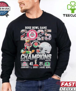 Official Rose Bowl Game 2025 Champions Ohio State Buckeyes 41-21 Oregon Ducks Shirt with a bold design commemorating Ohio State's victory over Oregon, perfect for Buckeyes fans celebrating their Rose Bowl win.