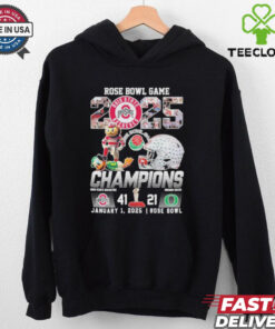 Official Rose Bowl Game 2025 Champions Ohio State Buckeyes 41-21 Oregon Ducks Shirt with a bold design commemorating Ohio State's victory over Oregon, perfect for Buckeyes fans celebrating their Rose Bowl win.
