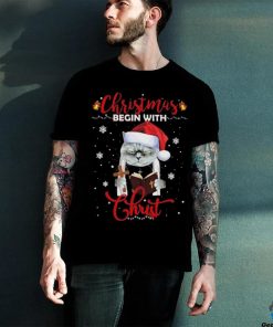 Official Santa Cat Christmas Begin With Christ T Shirt