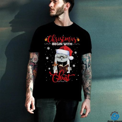 Official Santa Cat Christmas Begin With Christ T Shirt