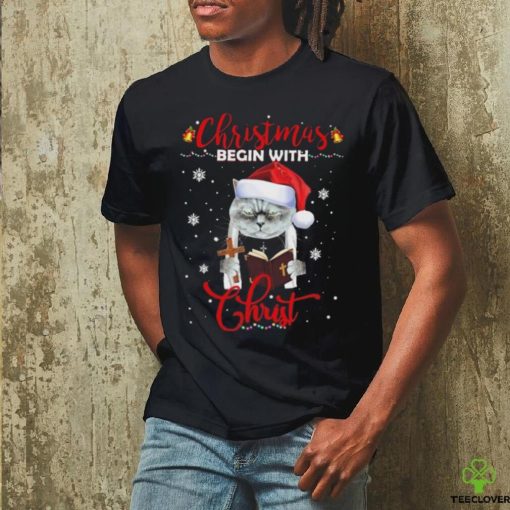 Official Santa Cat Christmas Begin With Christ T Shirt