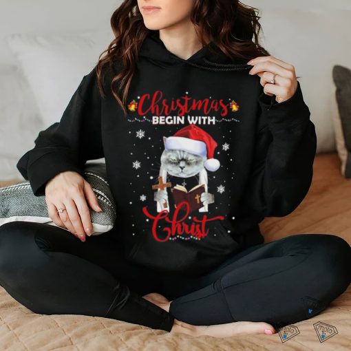 Official Santa Cat Christmas Begin With Christ T Shirt