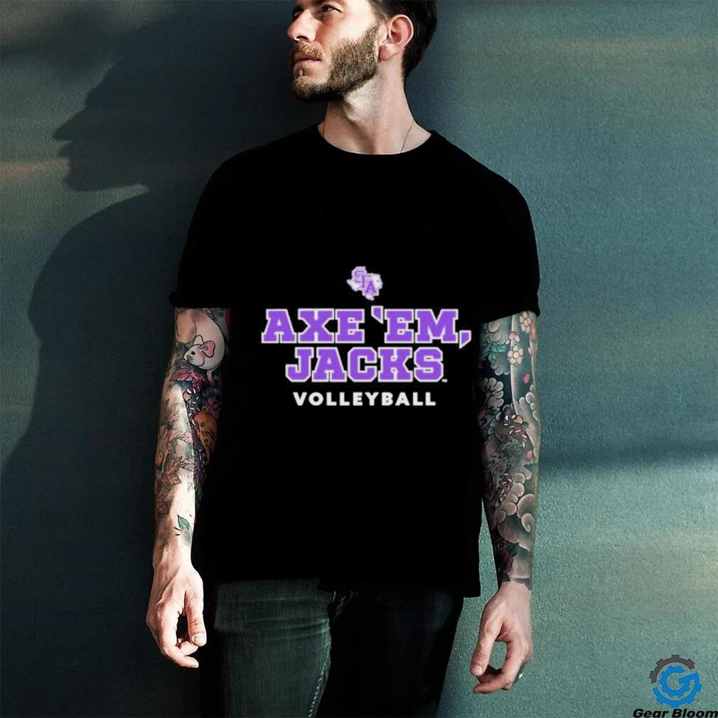 Official Sfa Women’s Beach Volleyball Black Axe ’em T shirt Official Sfa Women’s Beach Volleyball Black Axe ’em T shirt