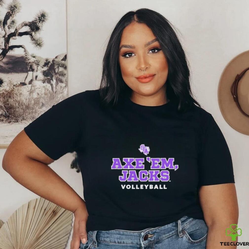 Official Sfa Women’s Beach Volleyball Black Axe ’em T shirt Official Sfa Women’s Beach Volleyball Black Axe ’em T shirt