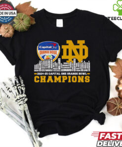 The **Official Skyline City 2024-25 Capital One Orange Bowl Champions Notre Dame Fighting Irish Names Shirt** celebrates Notre Dame's victory in the 2024-25 Capital One Orange Bowl. Featuring a skyline design and the names of key players, this shirt is a must-have for fans commemorating the team's championship triumph!