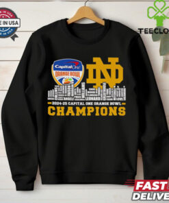The **Official Skyline City 2024-25 Capital One Orange Bowl Champions Notre Dame Fighting Irish Names Shirt** celebrates Notre Dame's victory in the 2024-25 Capital One Orange Bowl. Featuring a skyline design and the names of key players, this shirt is a must-have for fans commemorating the team's championship triumph!