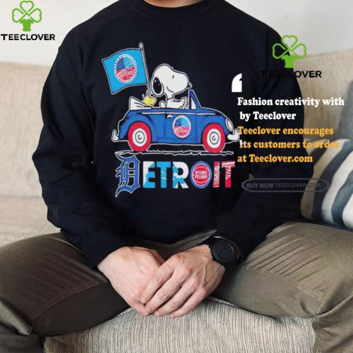 Official Snoopy And Woodstock Driving Car Detroit Sports Teams Flag T Shirt