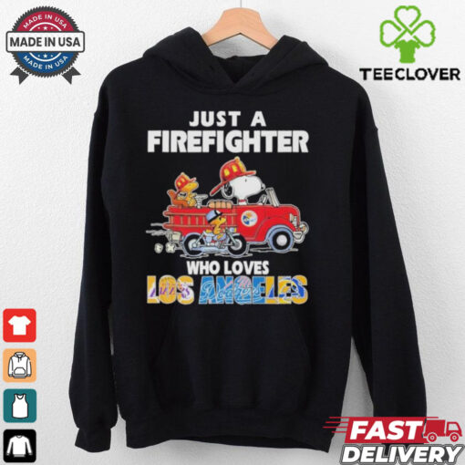 Official Snoopy And Woodstock Driving Car Motor Just A Firefighter Who Loves Los Angeles Los Angeles Dodgers Lakers Los Angeles Rams T shirts