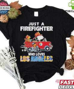 Official Snoopy And Woodstock Driving Car Motor Just A Firefighter Who Loves Los Angeles Los Angeles Dodgers Lakers Los Angeles Rams T shirts