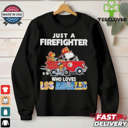 Official Snoopy And Woodstock Driving Car Motor Just A Firefighter Who Loves Los Angeles Los Angeles Dodgers Lakers Los Angeles Rams T shirts
