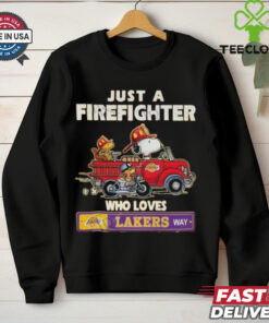 Official Snoopy And Woodstocks Just A Firefighter Who Loves Los Angeles Lakers NBA Way 2025 Shirt