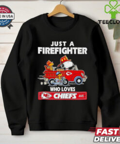 The **Official Snoopy and Woodstock Driver Just a Firefighter Who Loves Kansas City Chiefs Shirt** combines whimsical charm with team pride. Featuring Snoopy and Woodstock alongside a firefighter theme, this shirt is perfect for Chiefs fans who serve as first responders or simply love the team and the iconic Peanuts characters!